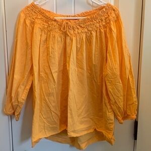 𝅺sophie 100% cotton yellow shirt with ruched scoop neck top size 18/20